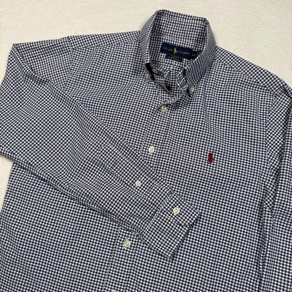 Polo Ralph Lauren Shirt Mens Small Blue White Slim Fit Stretch Oxford Gingham - Picture 1 of 9